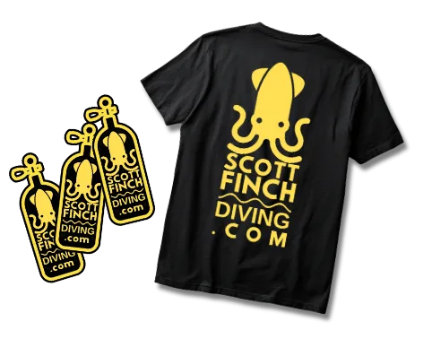 Black Scott Finch Diving T-shirt with yellow squid logo and cylinder keyrings