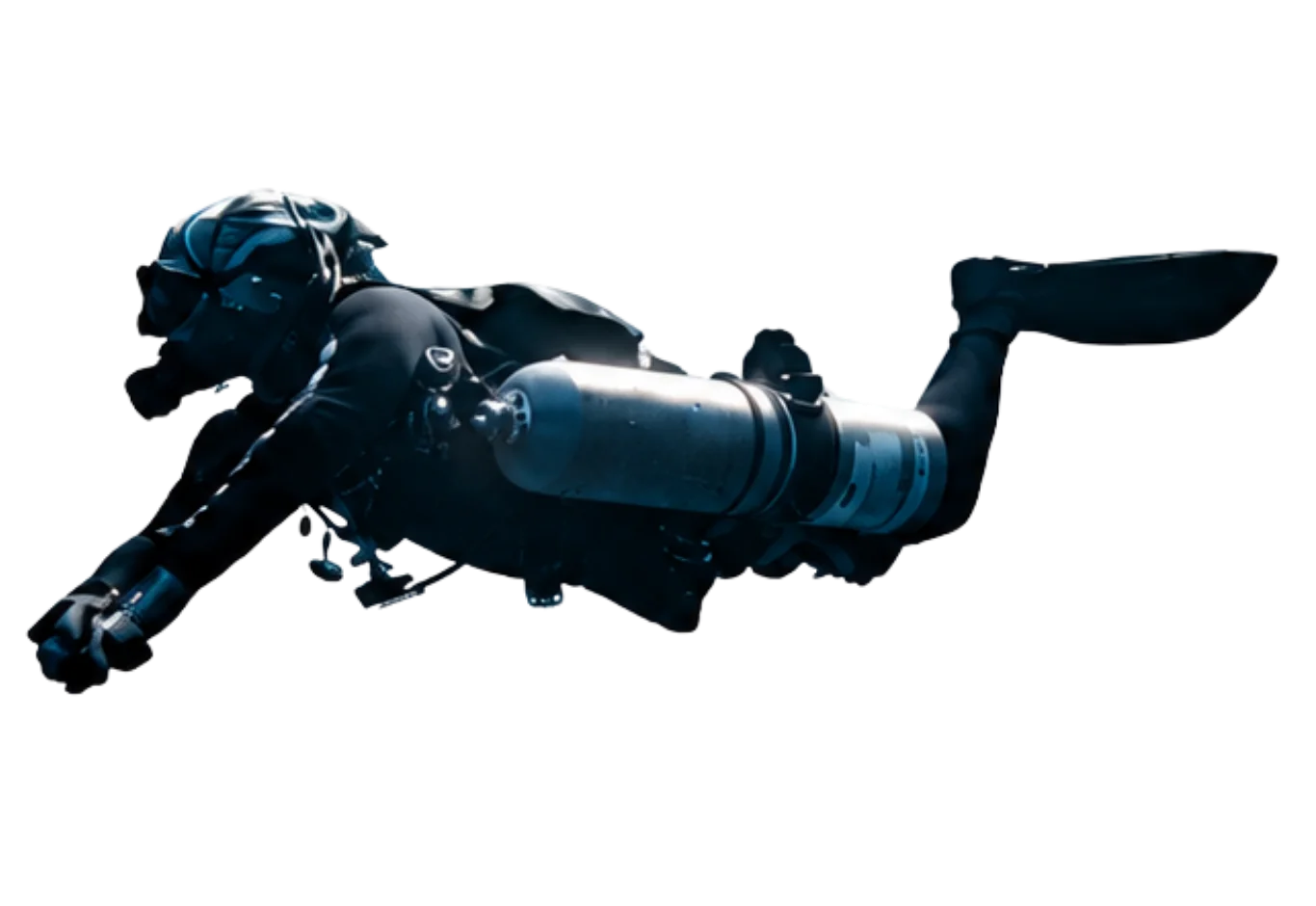 Scott Finch Sidemount diving beneath sunlight in Gran Canaria